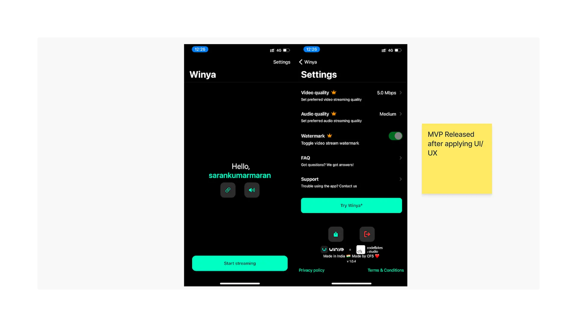 Winya — Phase I — App screens
